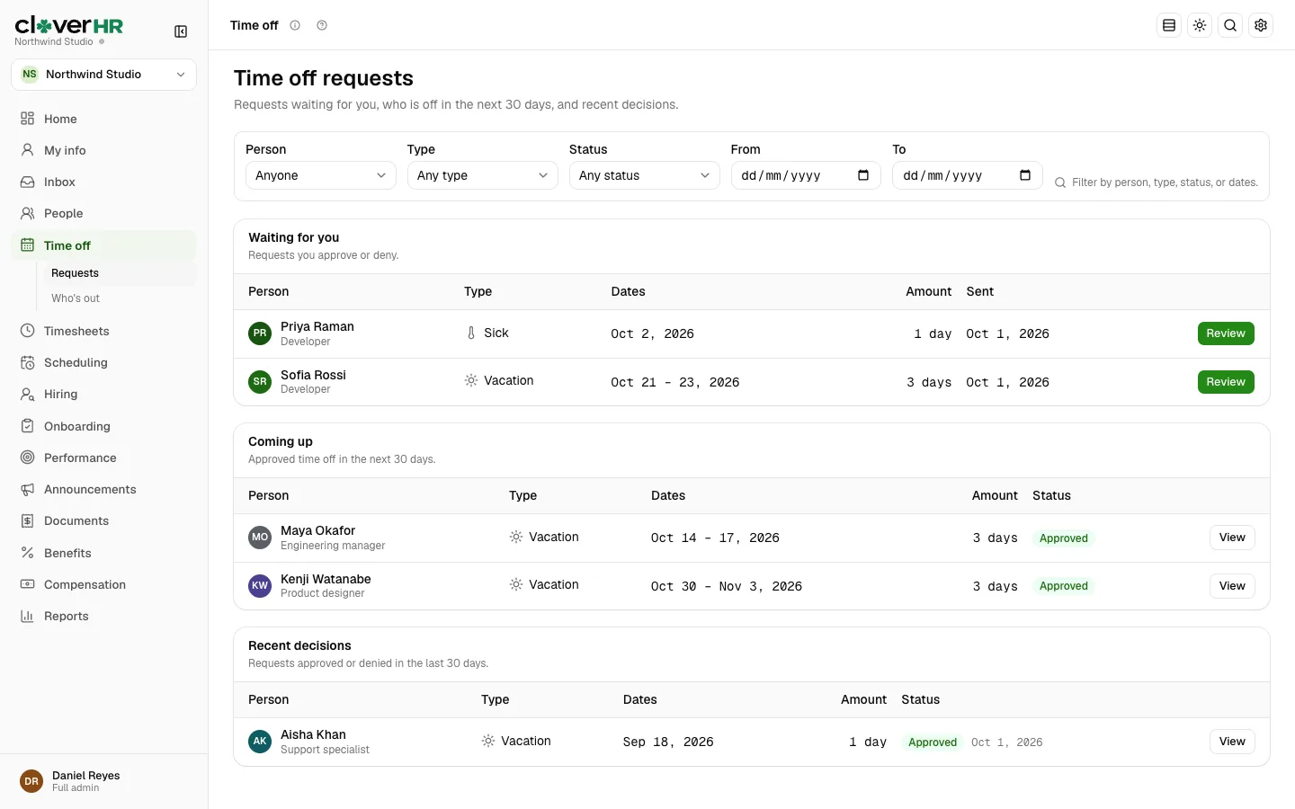 CloverHR time off requests with dates, types, amounts and approval status